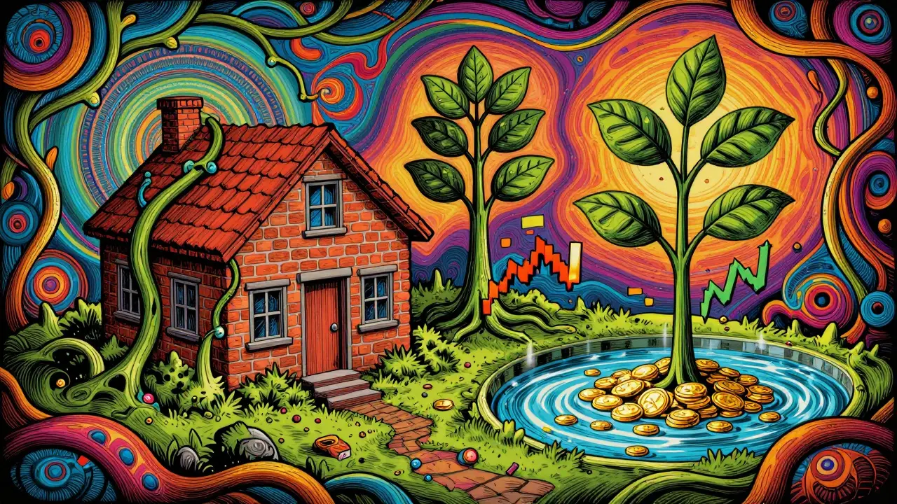 Abstrakte Darstellung von Immobilien und ETFs als wachsende Elemente in einem bunten Farbraum.