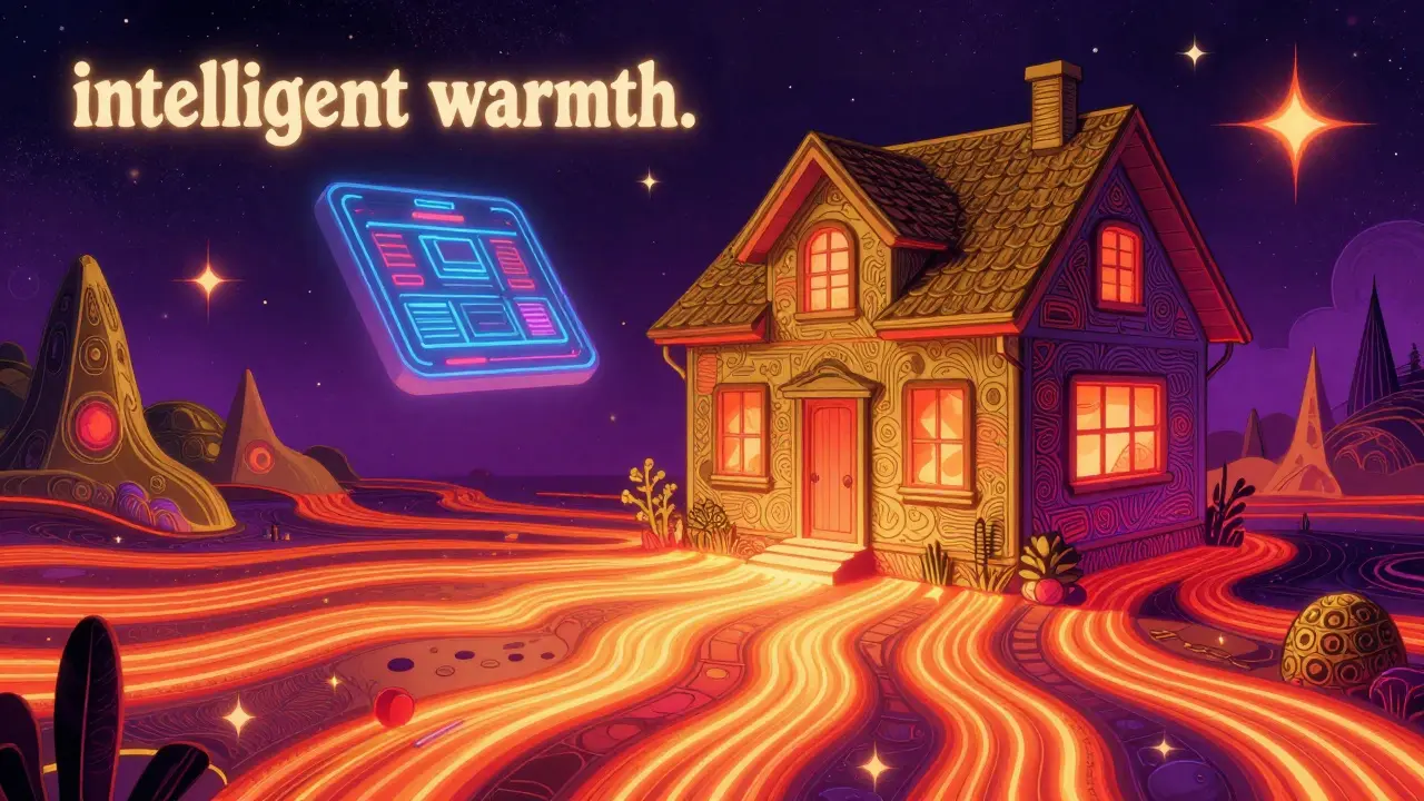 Abstrakte Illustration eines Hauses mit intelligenter Steuerung und fließender Bodenwärme.