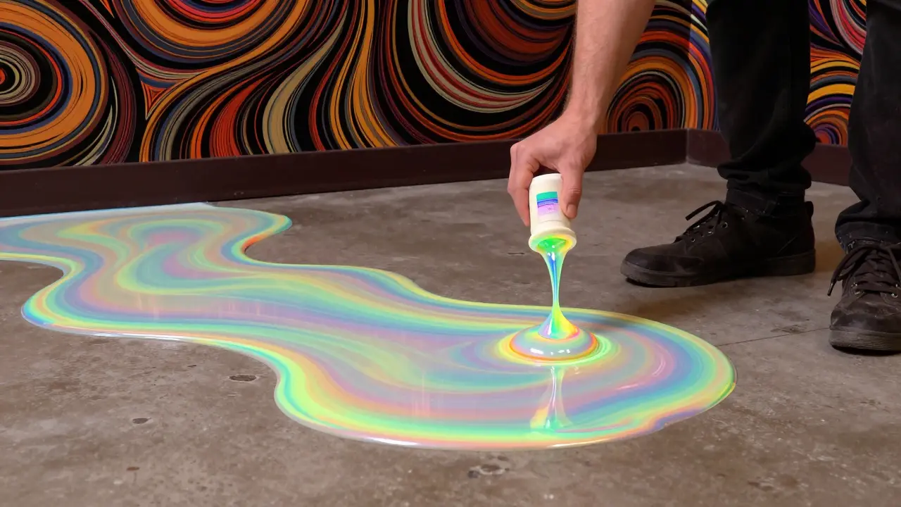 Auftragen einer glänzenden Bodenversiegelung in farbenfrohem Illustrationsstil.