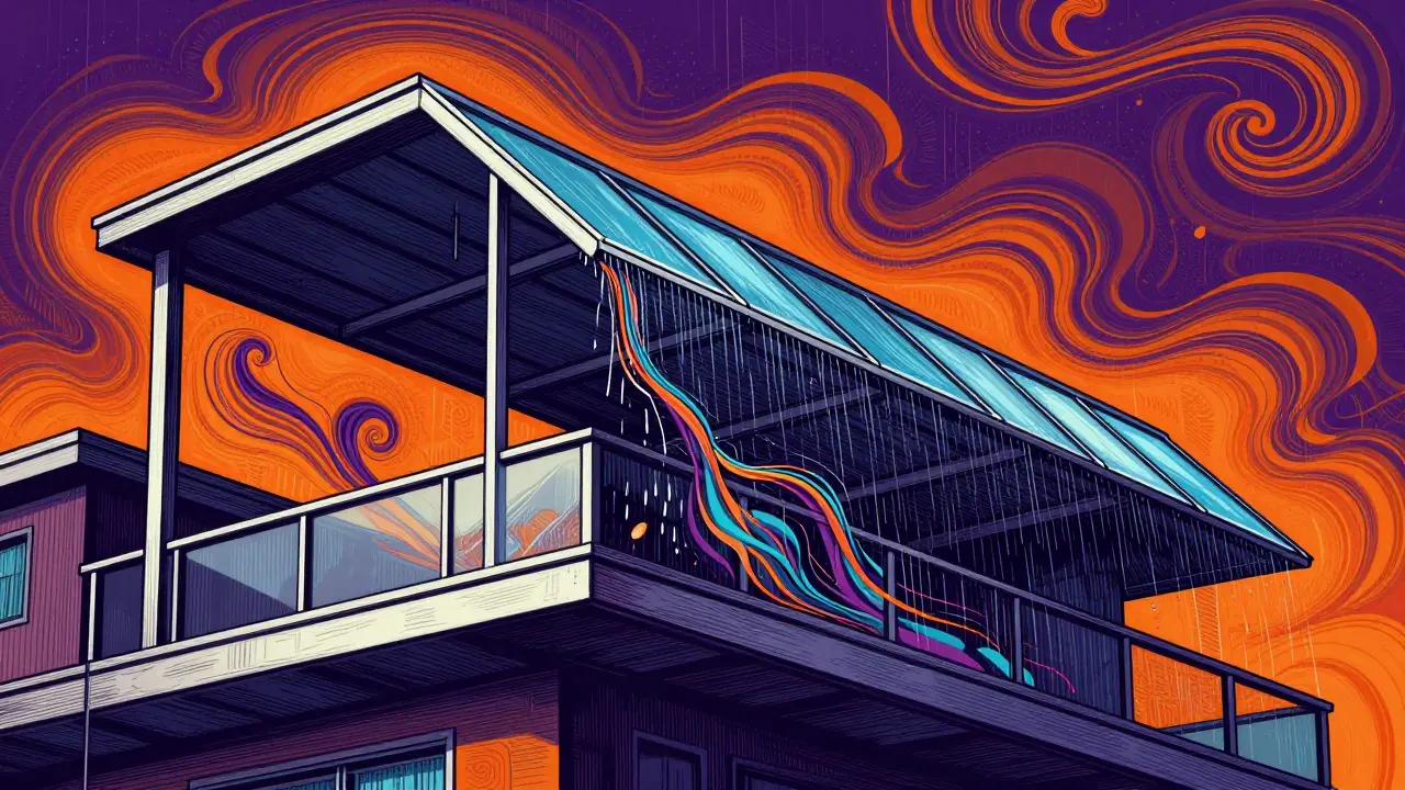 Detailansicht einer schrägen Balkonüberdachung aus Glas und Aluminium mit Regenschutz.