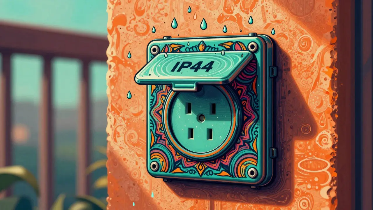 Detailansicht einer wetterfesten IP44-Außensteckdose im psychedelischen Stil.