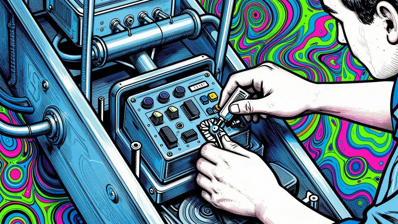 Detailreiche Illustration einer technischen Wartung an einem Treppenlift