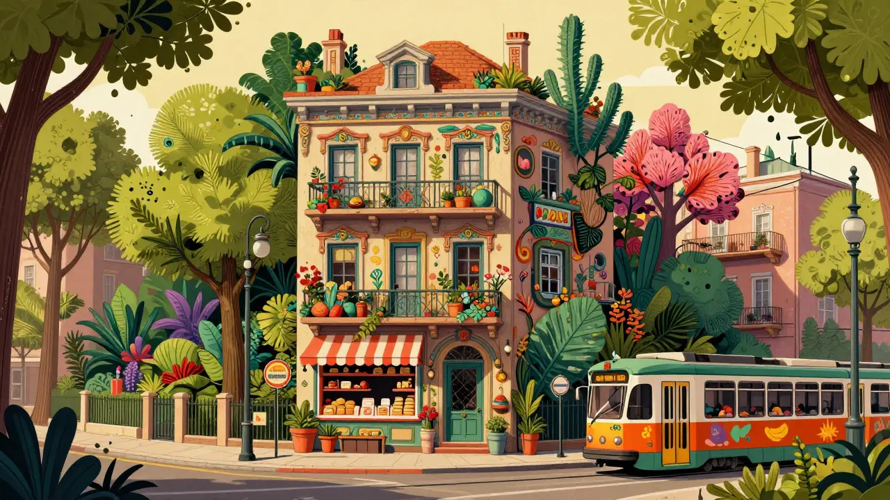 Detailreiche Straßenszene mit Apartmenthaus, Park und Trambahn in verspieltem Illustrationsstil.