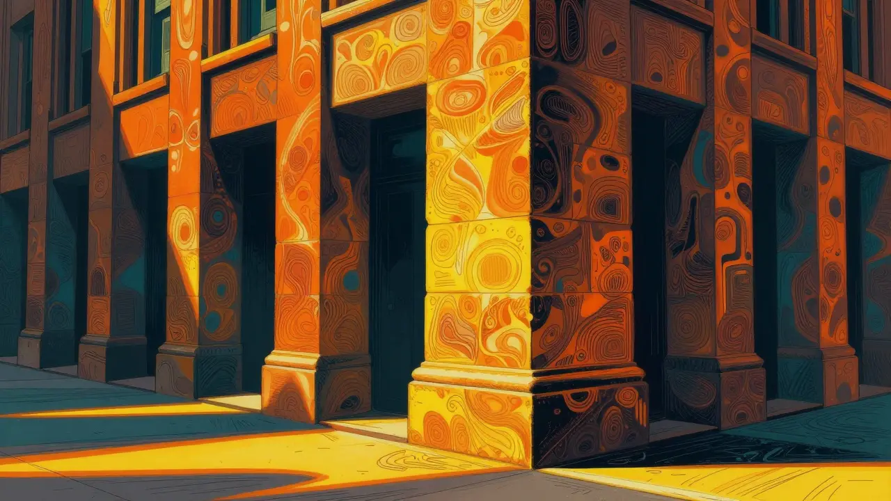 Dramatische Bodenstrahler, die die Architektur einer Hausfassade im Comic-Stil hervorheben.