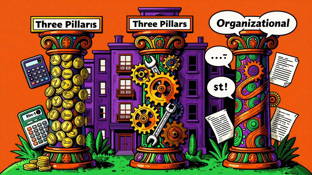 Drei psychedelische Säulen, die die kaufmännische, technische und organisatorische Verwaltung darstellen.