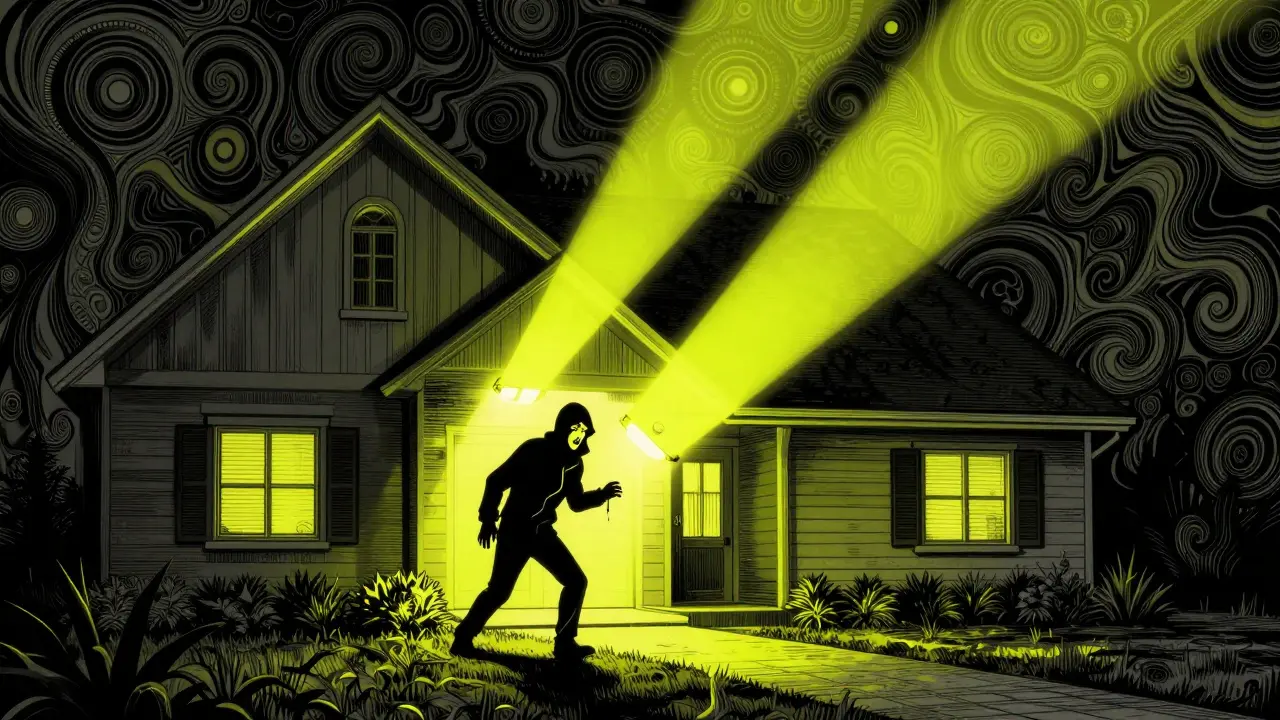 Ein Einbrecher, der von einem hellen Bewegungsmelder-Licht überrascht wird, im psychedelischen Stil.