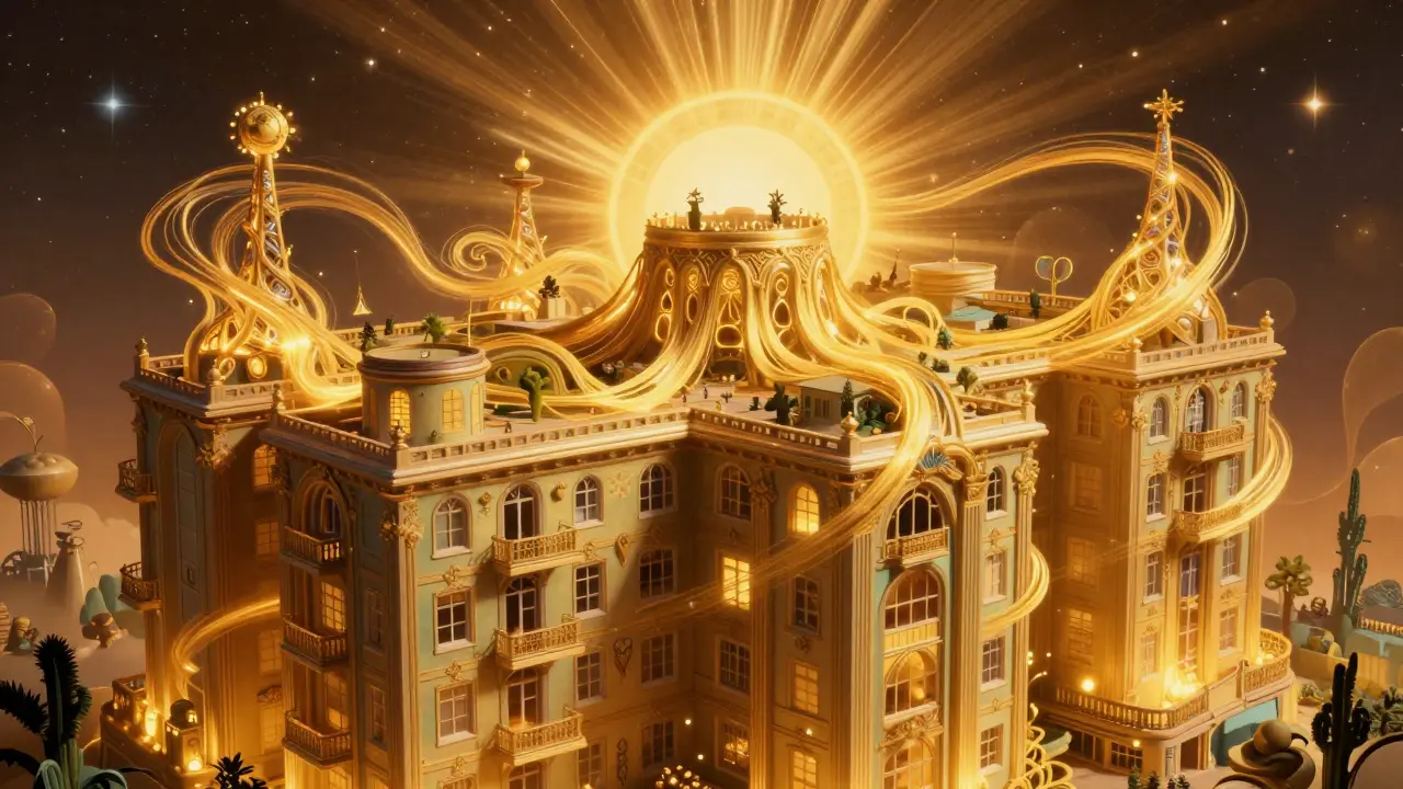 Ein Haus, das durch energetische Sanierung in eine goldene Festung verwandelt wird.