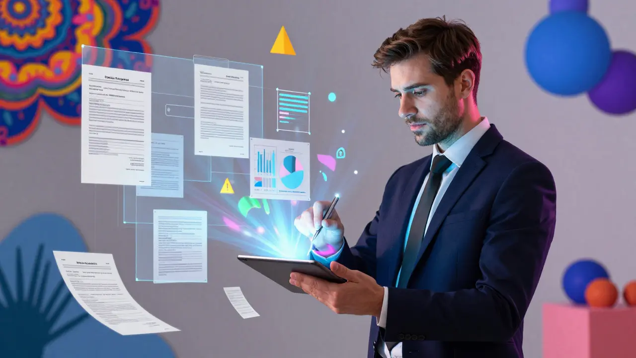 Ein Hausverwalter mit digitalem Tablet und schwebenden Dokumenten in einem farbenfrohen Illustrationsstil.