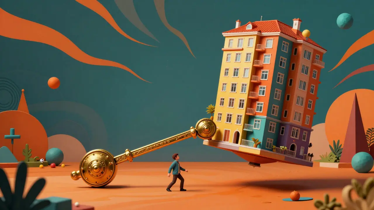 Ein kleiner Charakter nutzt einen riesigen Hebel, um ein Gebäude zu heben, im psychedelischen Stil.