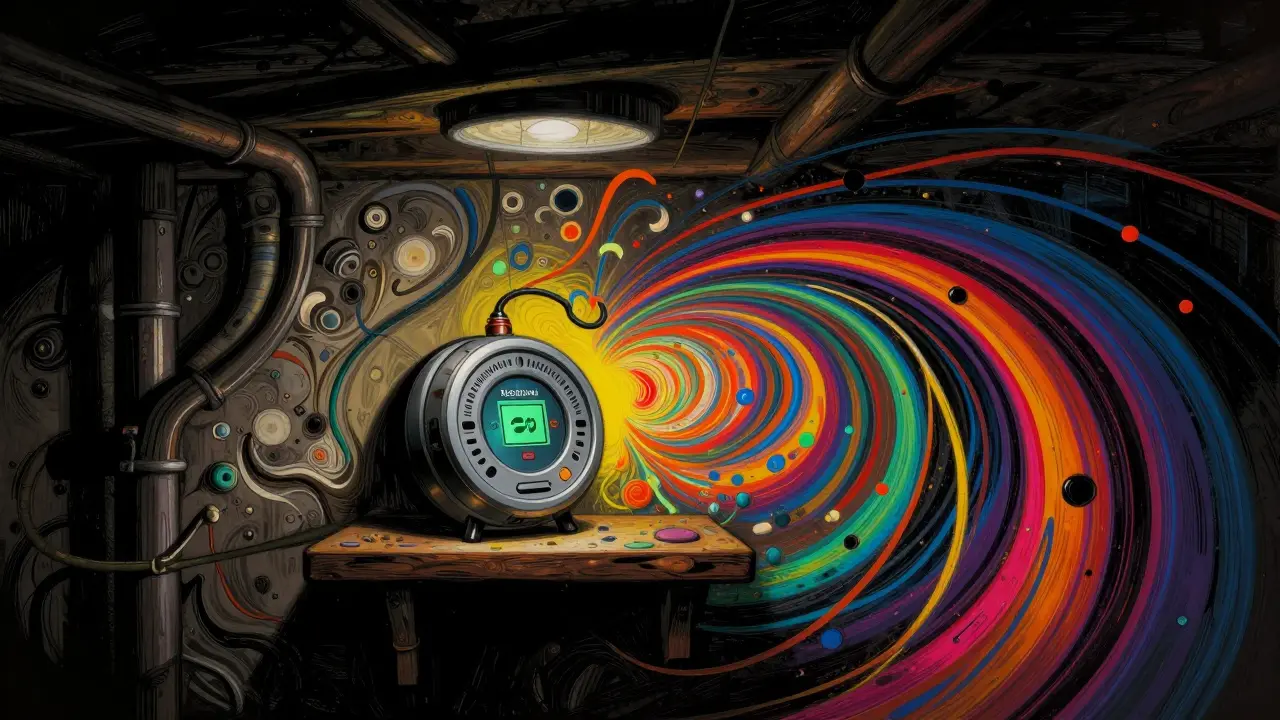 Ein Radon-Messgerät in einem surrealen, farbenfrohen Kellerraum.