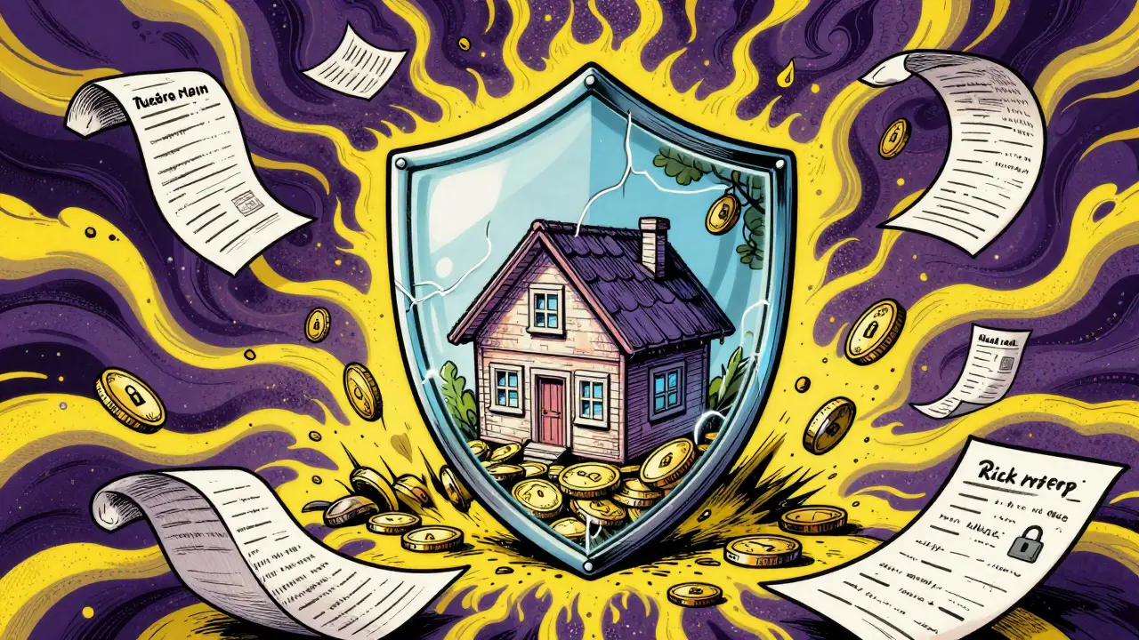 Ein Schild schützt ein Haus vor herabfallenden Münzen