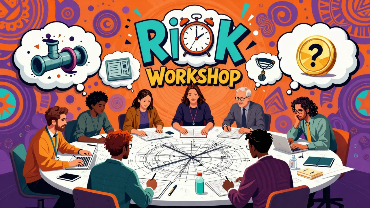 Ein Team von Experten bei einem Risiko-Workshop mit surrealen Symbolen für Bauverzögerungen und Mängel.