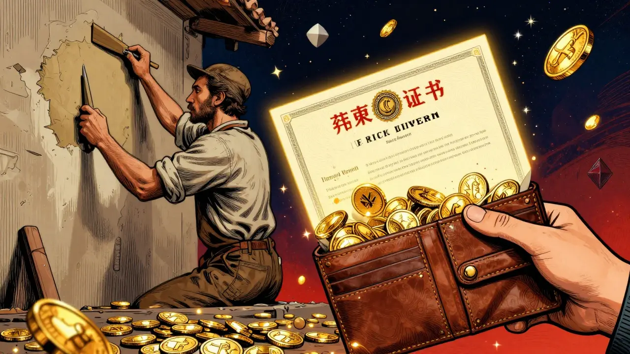 Eine goldene Genehmigungsurkunde, die sich in Münzen verwandelt, im Stil von Rick Griffin.