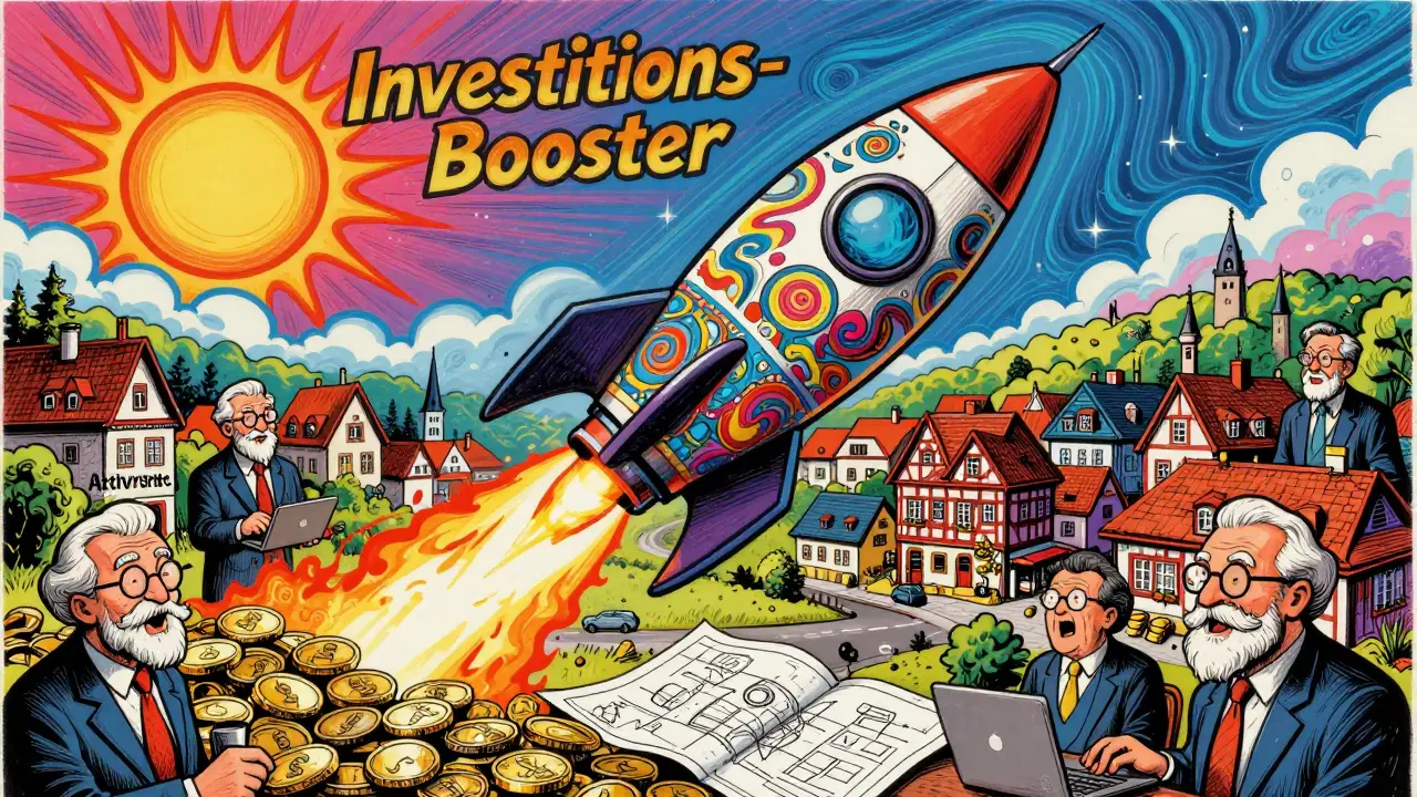 Eine Rakete als Symbol für Investitionen steigert die Wirtschaft eines Dorfes im Comic-Stil.
