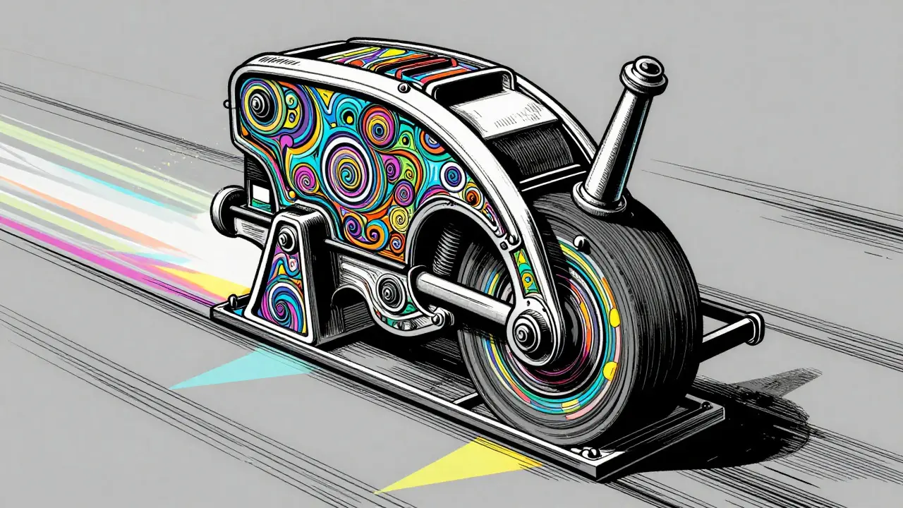 Eine stilisierte Schleifmaschine bearbeitet einen Boden mit bunten Mustern.