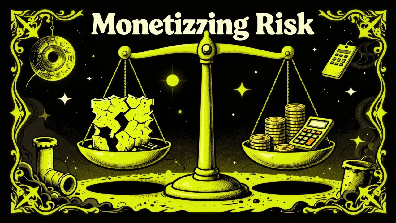 Eine symbolische Waage, die bauliche Risiken gegen finanzielle Budgetreserven abwägt.