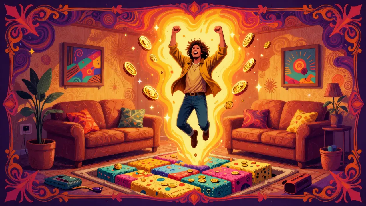 Glücklicher Hausbesitzer in einem warmen Raum mit Energiesparsymbolen.