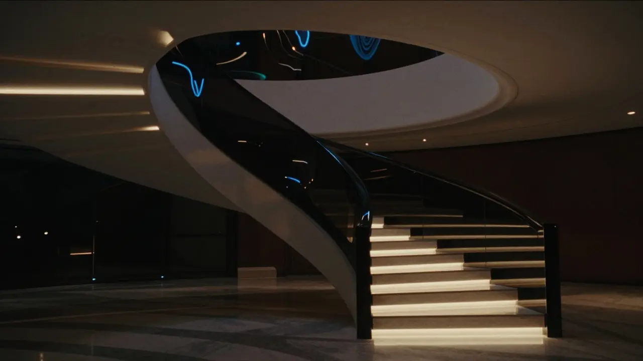 Illustration einer Treppe mit leuchtenden LED-Kantenprofilen im surrealen Rick-Griffin-Stil.