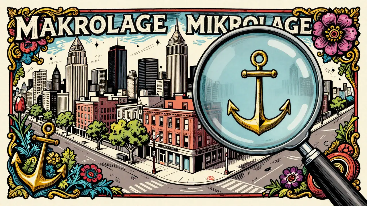 Konzeptbild, das die Verbindung von Stadtpanorama und Detailansicht eines Viertels kombiniert.