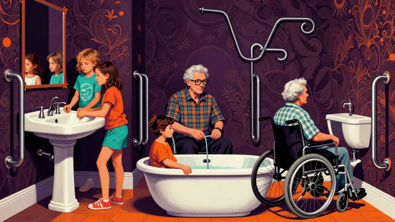 Konzeptzeichnung eines Lebenszeitbads mit verschiedenen Nutzergenerationen in surrealem Stil.