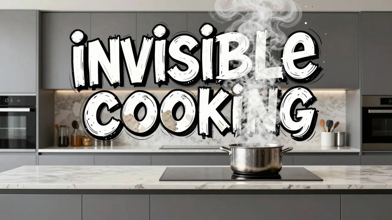 Küche mit matten Fronten und unsichtbarem Induktionsfeld im Comic-Stil.