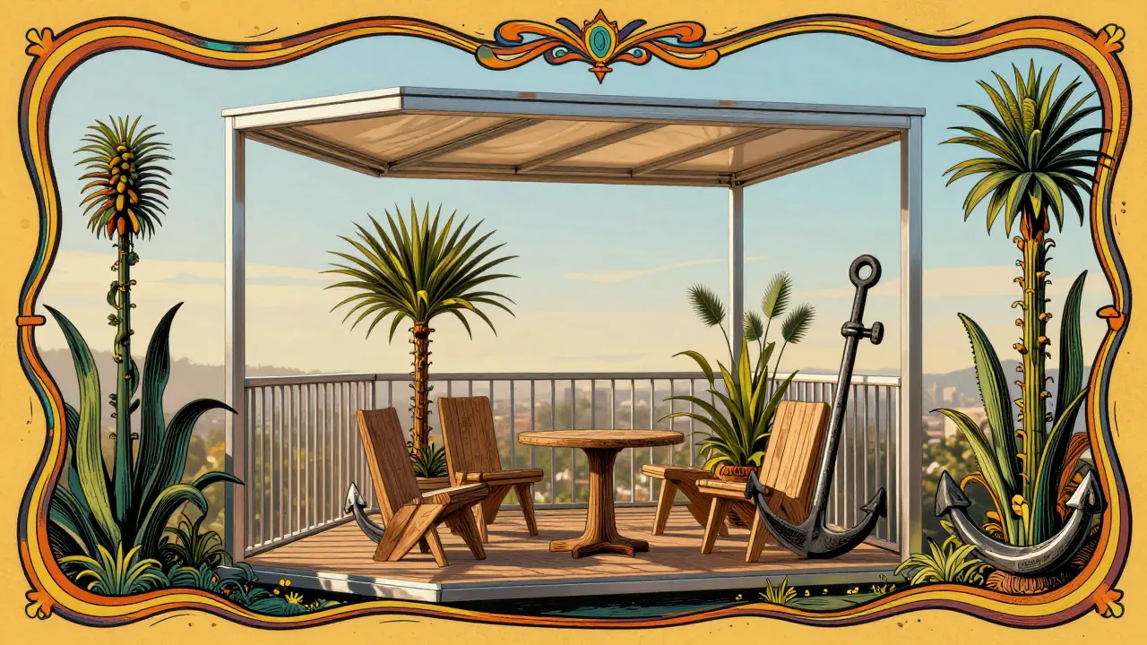 Moderne Balkonkonstruktion mit Windschutz und Pflanzen in einem künstlerischen Comic-Stil.