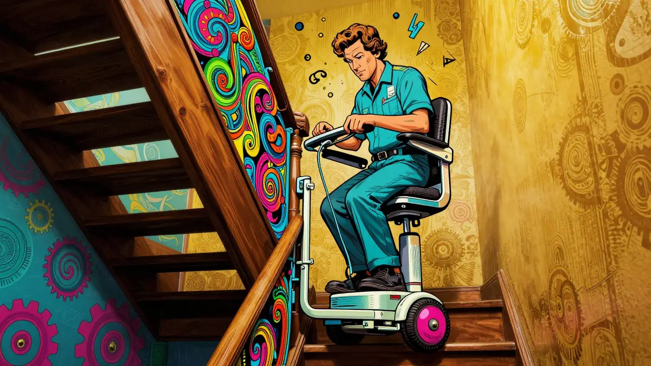 Psychedelische Darstellung eines Treppenlifts in einem engen Treppenhaus