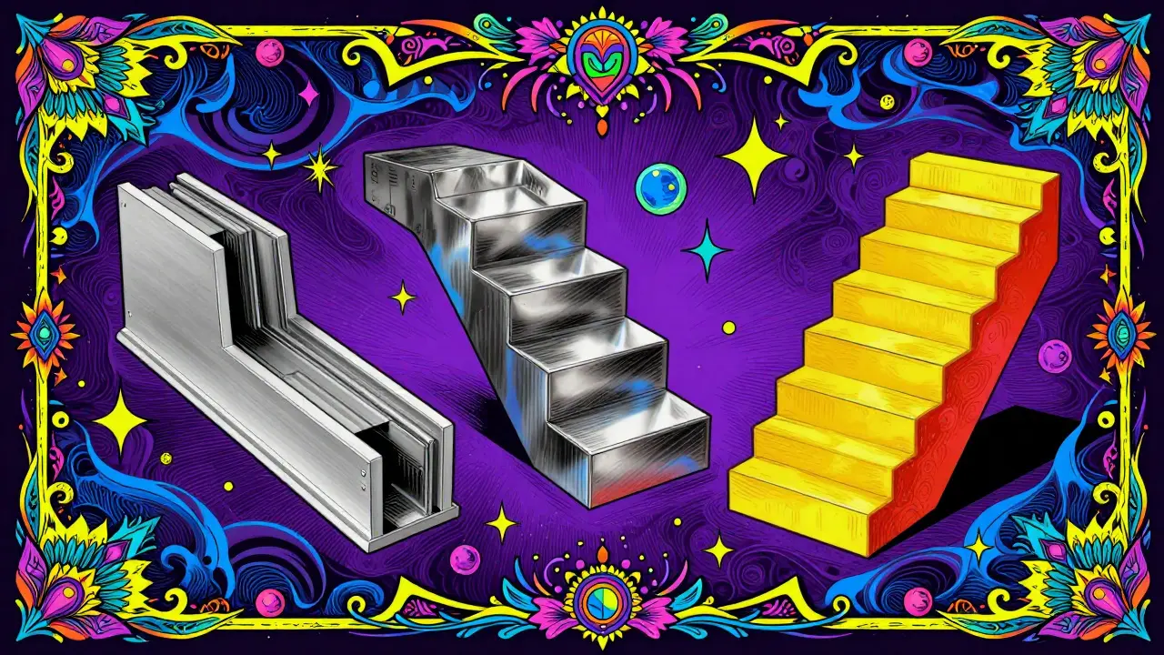 Psychedelische Darstellung von Treppenprofilen aus Aluminium, Edelstahl und GFK.