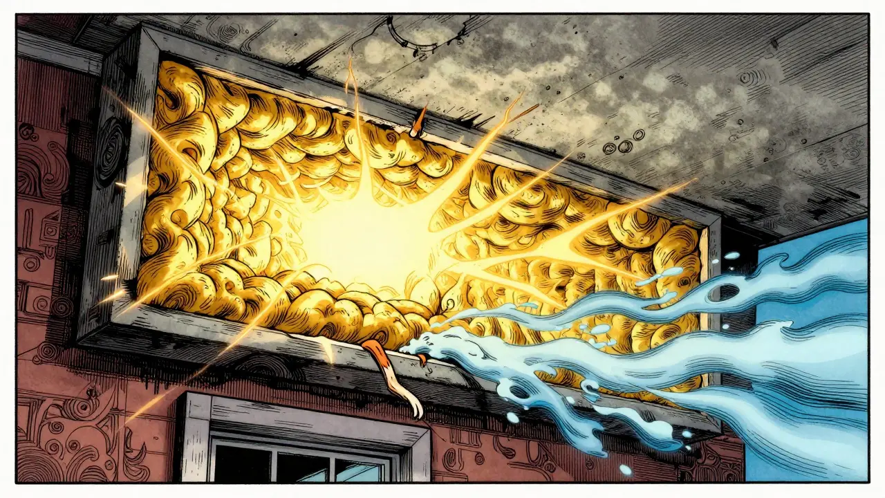 Querschnitt einer Kellerdeckendämmung mit reflektierter Wärme.