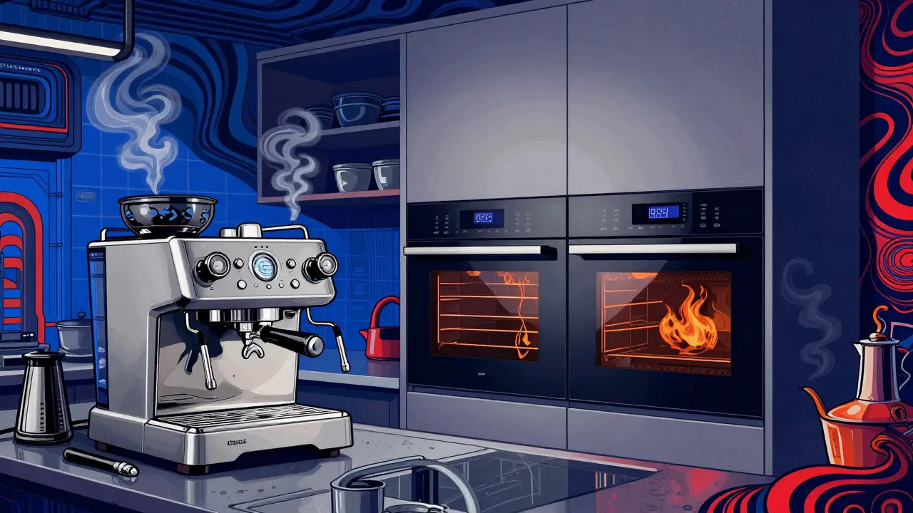 Stylische Barista-Ecke mit modernem Dampfbackofen in verspielter Grafik.