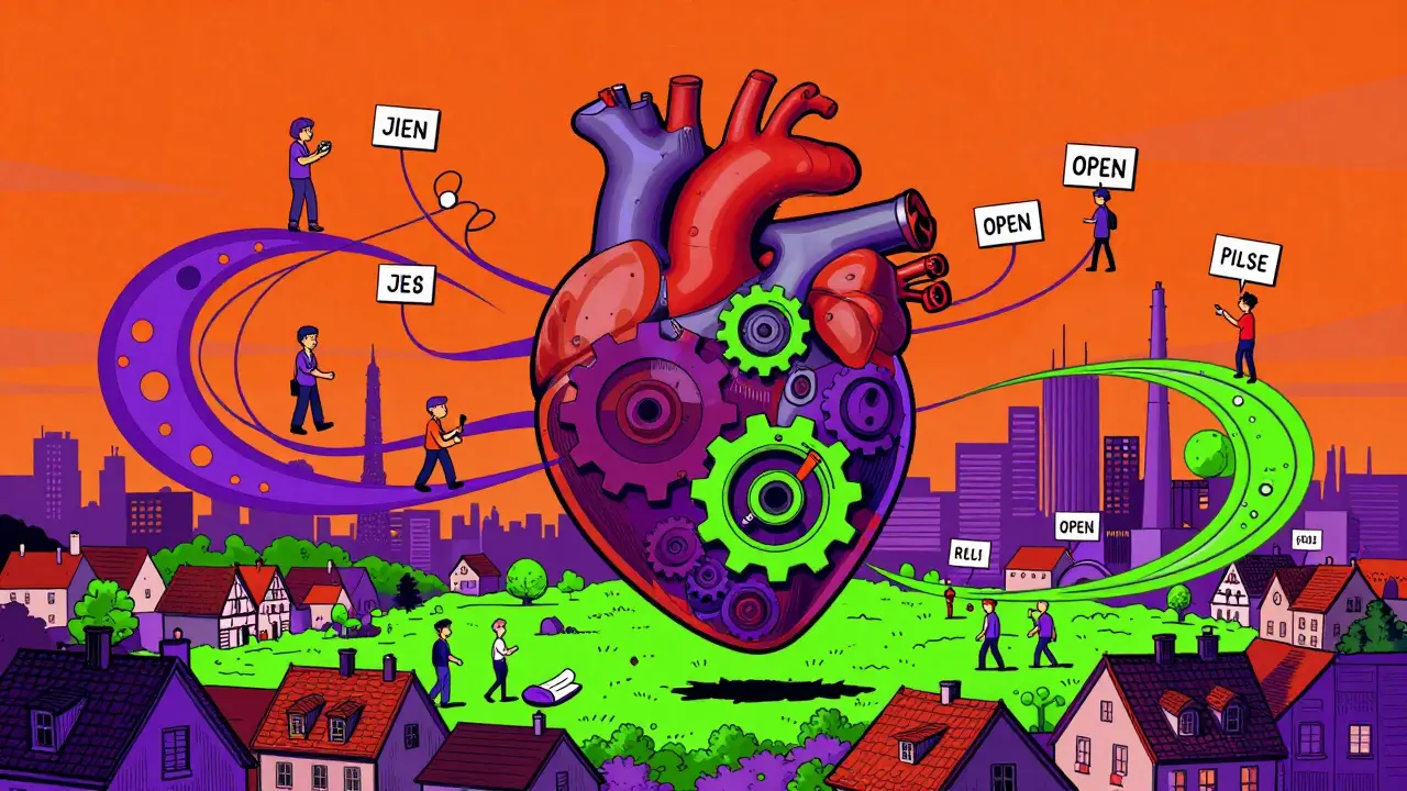 Surreale Darstellung des Arbeitsmarkts mit Zahnrädern und Menschen in buntem Illustrationsstil.