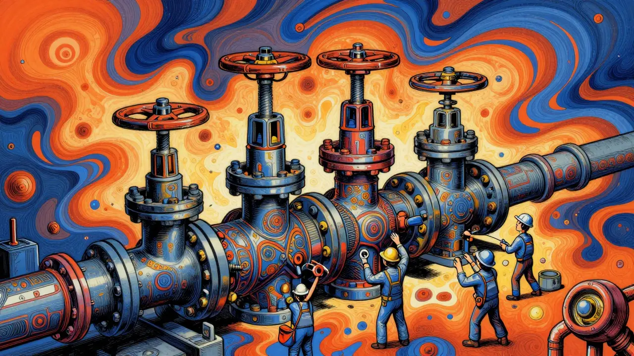 Surreale Darstellung eines Heizkreisverteilers und Techniker bei der hydraulischen Optimierung.