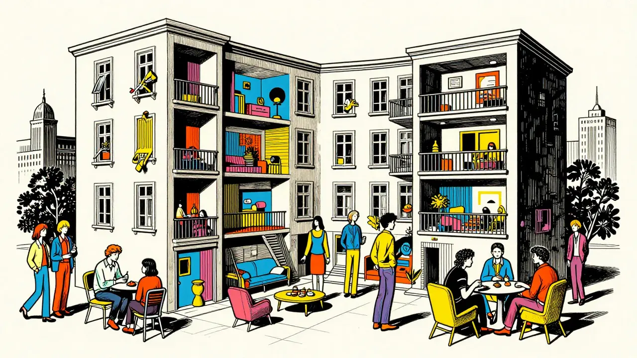 Surreale Darstellung moderner Nomaden in einem gemeinschaftlichen Wohnkonzept in einer Großstadt.