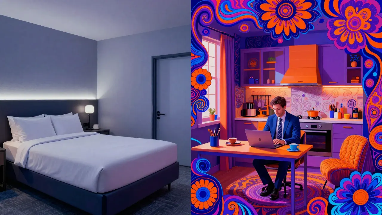 Vergleich zwischen einem sterilen Hotel und einem gemütlichen Serviced Apartment im Comic-Stil.
