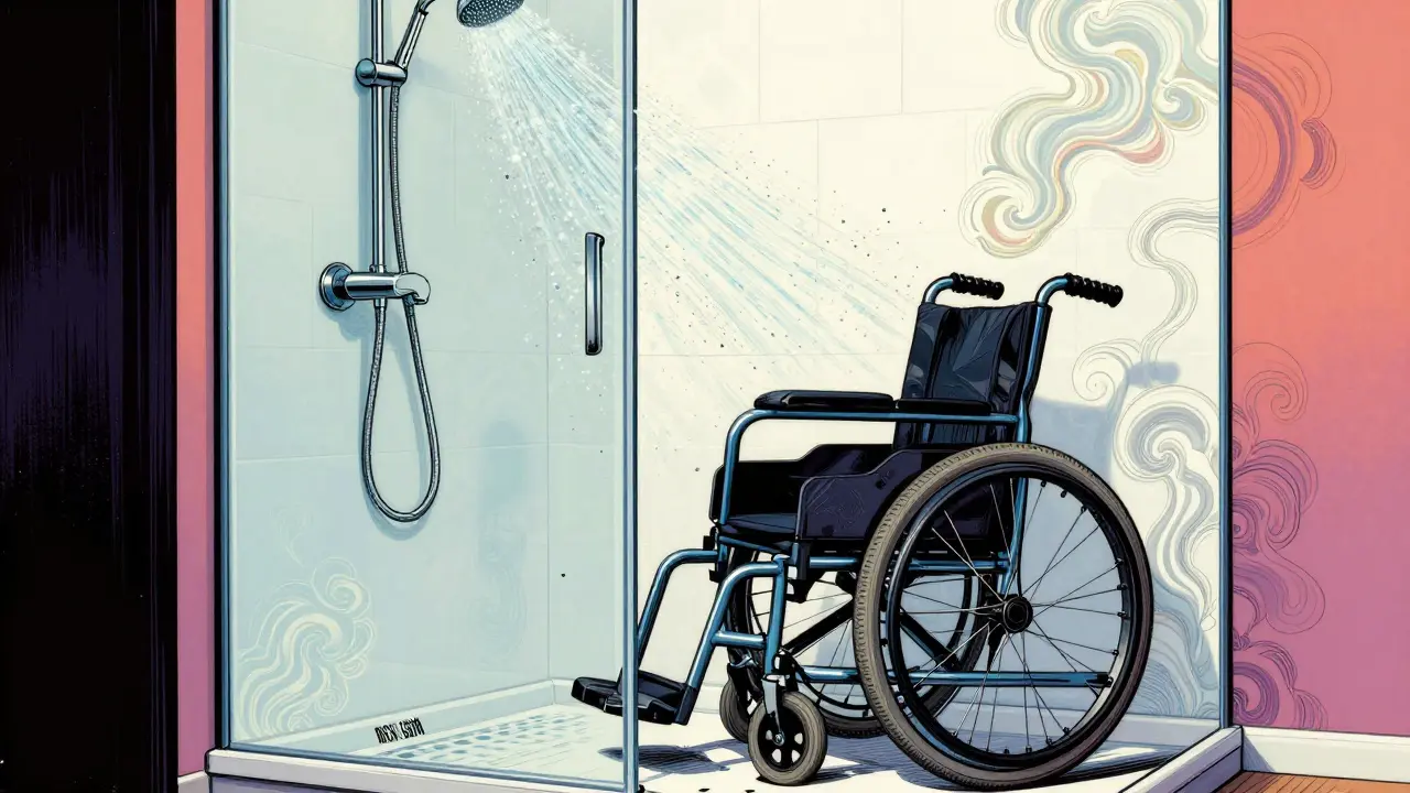 Zeichnung einer bodengleichen Dusche mit Rollstuhl und Sensorarmatur im Comic-Stil.