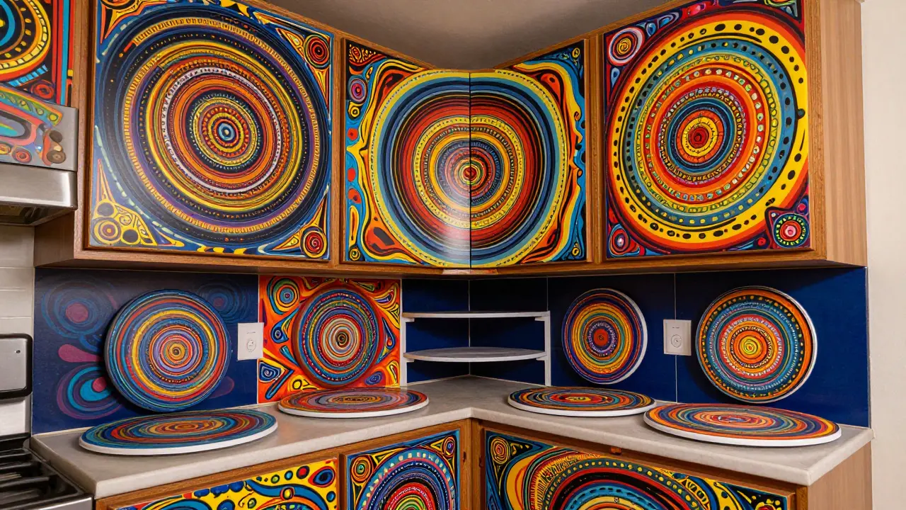Abstrakte Darstellung von vertikalem Stauraum mit psychedelischen Schrankfronten