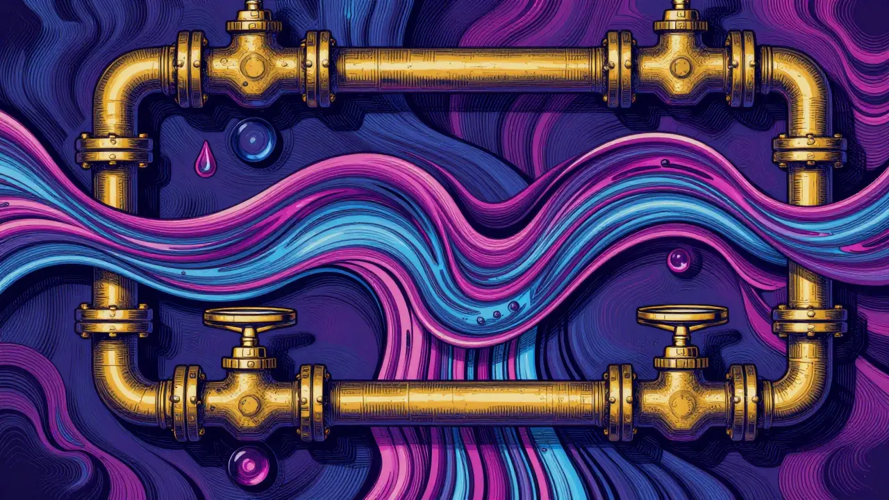 Abstrakte Darstellung von Wasserfluss und Dichtungen im Cartoon-Stil
