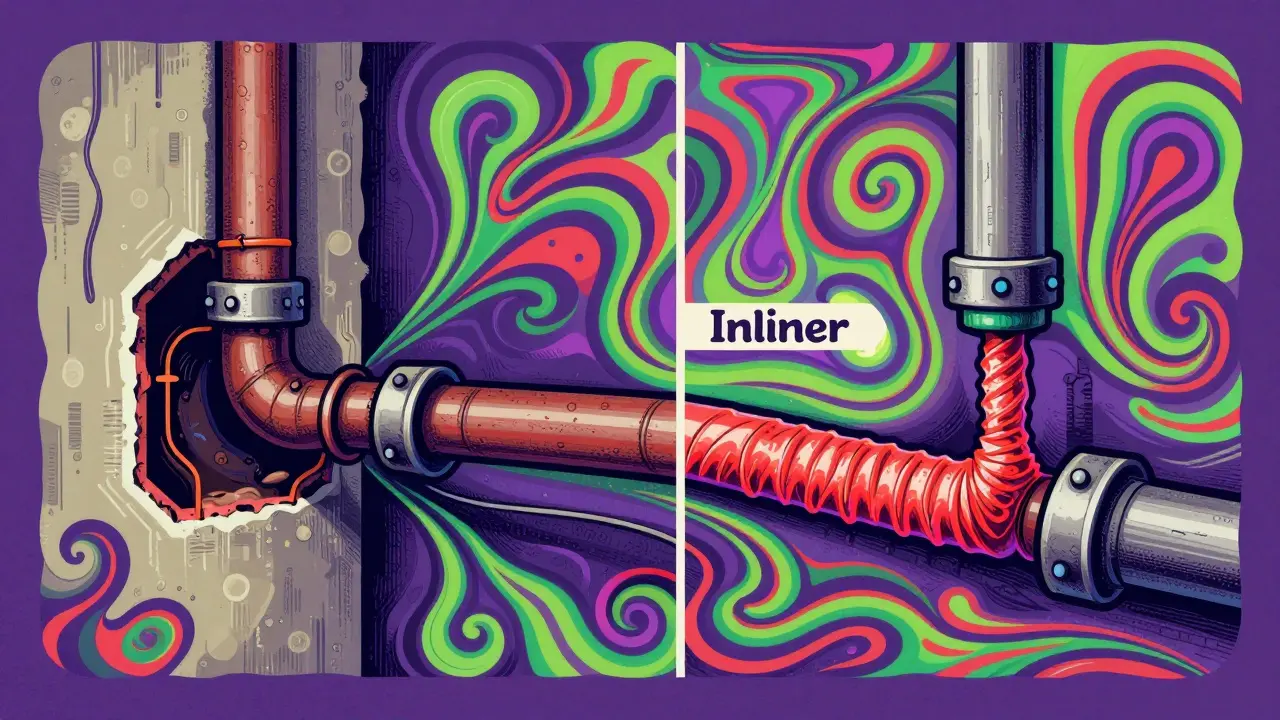 Abstrakte Illustration des Vergleichs zwischen klassischem Rohraustausch und dem modernen Inliner-Verfahren.