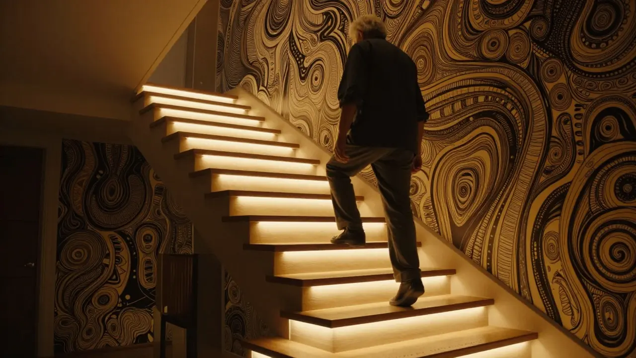 Beleuchtete Treppe mit Kontrastreifen und LEDs