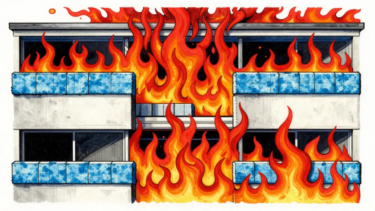 Brandschutzriegel stoppen Flammen in bunter Grafik