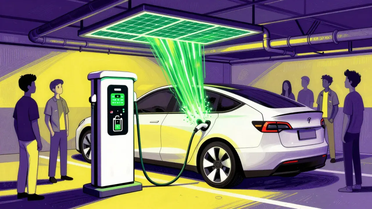E-Auto lädt mit Solarstrom in einer bunt illustrierten Garage