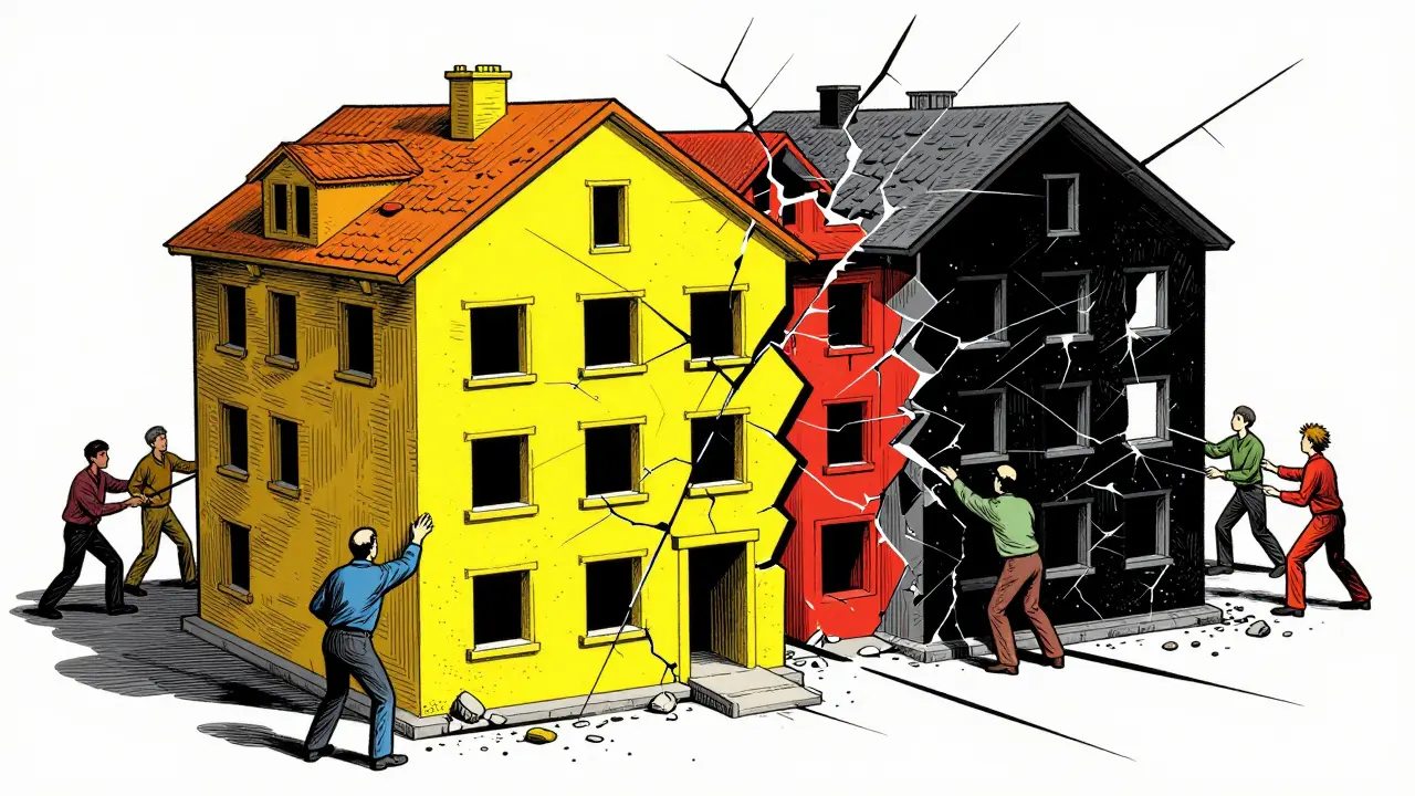 Ein Gebäude wird in farbige Teile geteilt, um Immobilien-Strategien zu veranschaulichen.