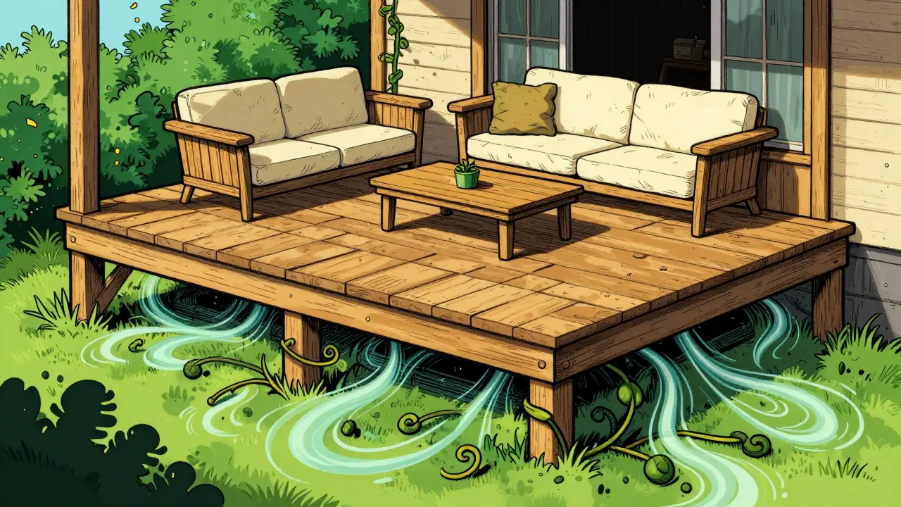 Fertige Terrasse mit Belüftungslücke unter der Unterkonstruktion