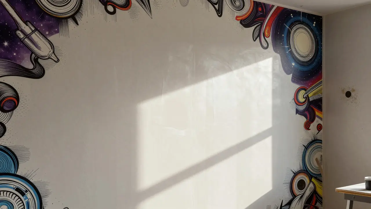 Glatt gespachtelte Wand unter seitlichem Licht zur Prüfung der Oberfläche.