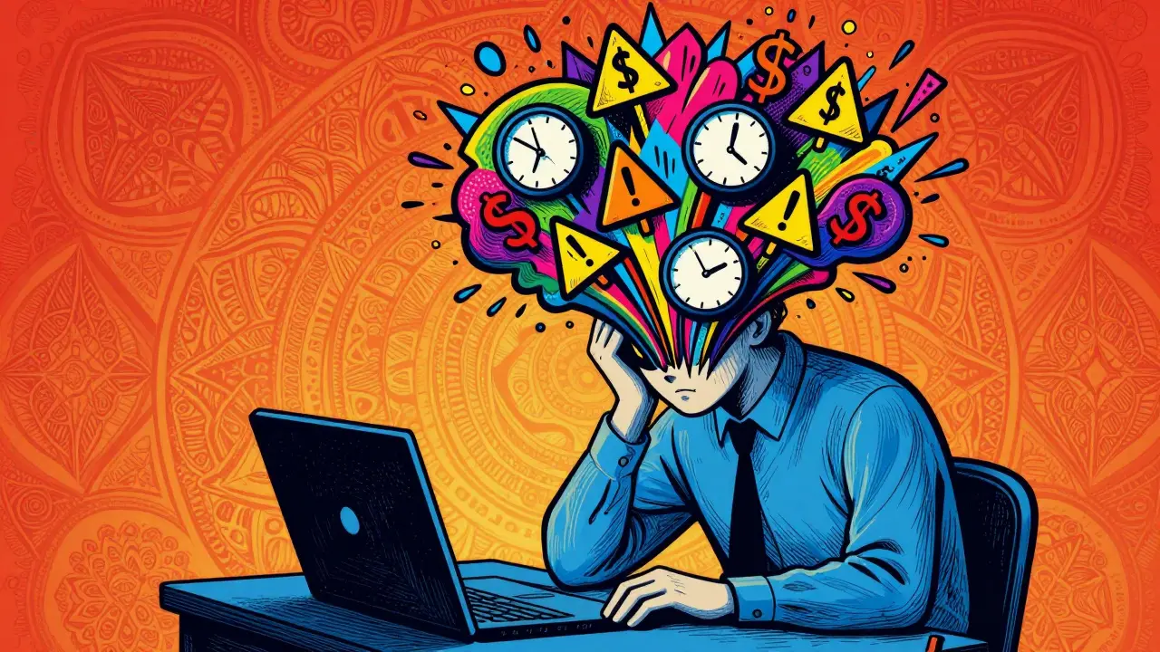 Illustration des psychologischen Drucks beim Bieten: Eine Figur mit explodierendem Kopf aus Symbolen für Angst und Gier vor buntem Hintergrund.