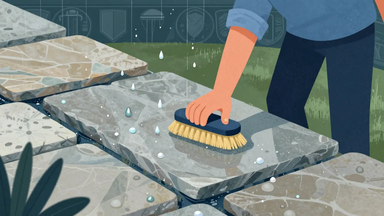 Illustration zur Reinigung und Imprägnierung einer glänzenden Natursteinterrasse.