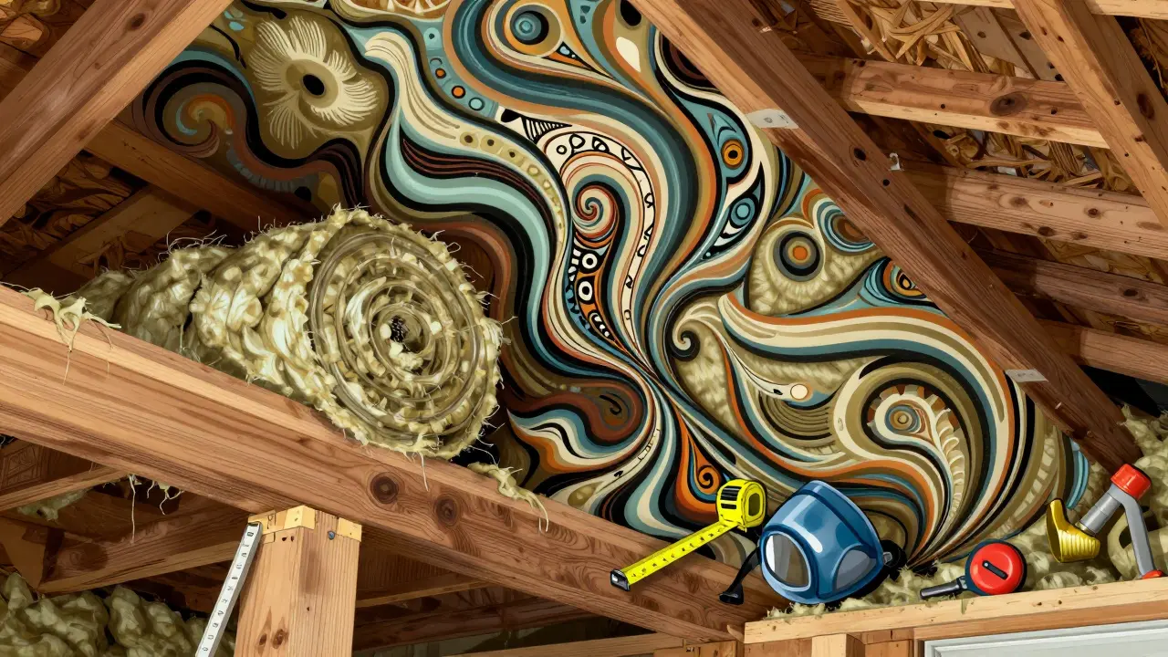 Installation von Dämmmaterial zwischen Dachbalken im Cartoon-Stil