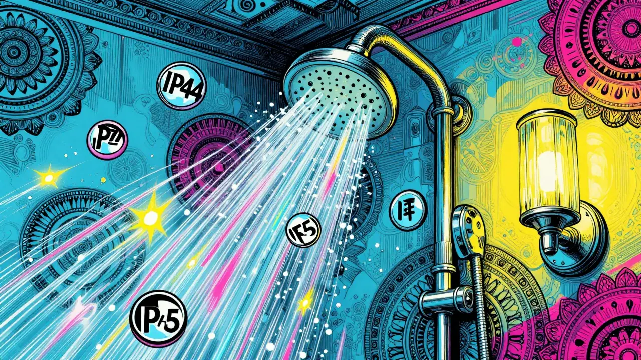 Künstlerische Darstellung von IP-Schutzarten bei Badarmaturen im Rick Griffin Stil