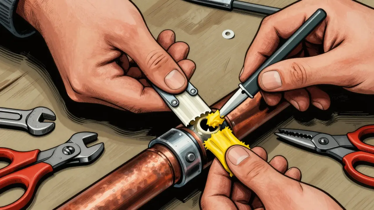 Künstlerische Darstellung von provisorischen Reparaturmethoden wie Manschetten und Epoxidmasse auf Rohren.
