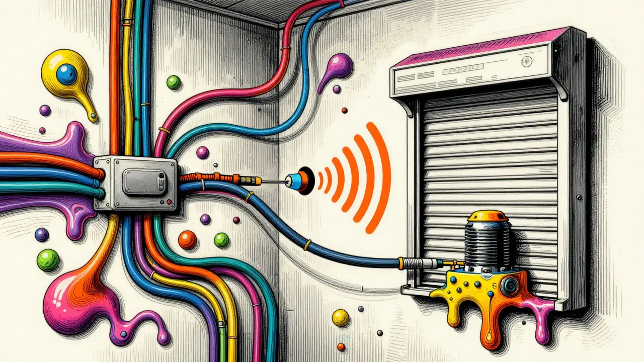 Psychedelische Illustration von Kabeln und Funksignalen im Wandquerschnitt